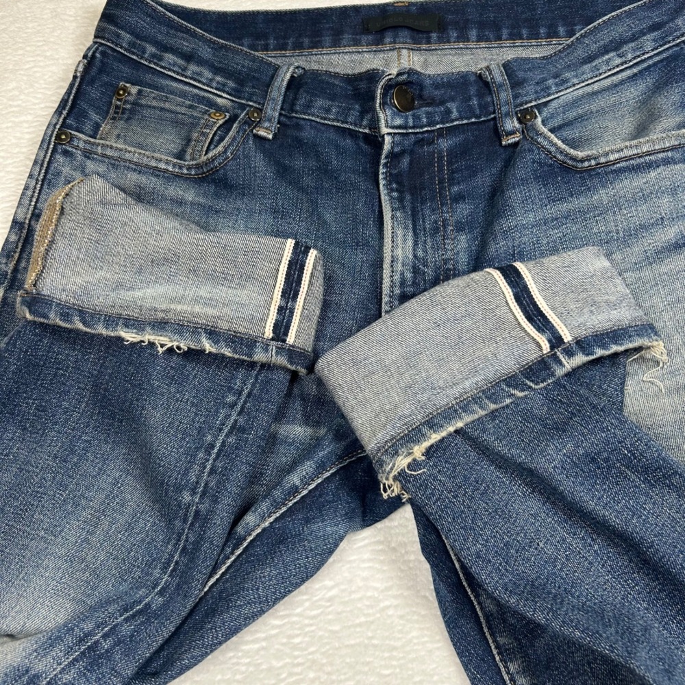 Uniqlo Slim Straight Jeans Selvedge Faded Denim Sz 31x32 Blue Stretch Distressed - Picture 3 of 12